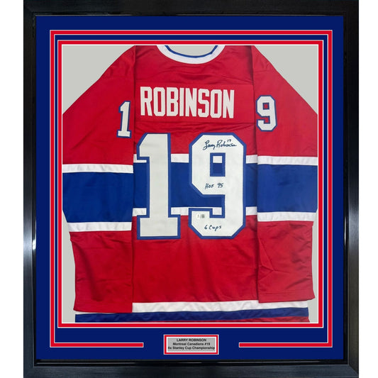Framed Autographed/Signed Larry Robinson 35x39 Montreal Red Hockey Jersey Beckett BAS COA