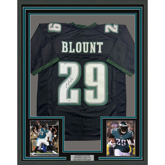 Framed Autographed/Signed LeGarrette Blount 35x39 Philadelphia Black Football Jersey JSA COA