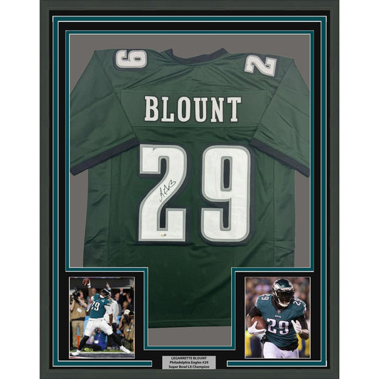 Framed Autographed/Signed LeGarrette Blount 35x39 Philadelphia Green Football Jersey JSA COA