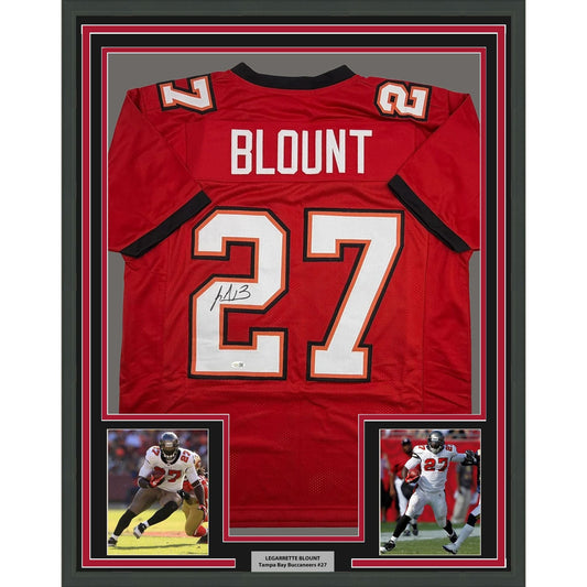 Framed Autographed/Signed LeGarrette Blount 35x39 Tampa Bay Red Football Jersey JSA COA