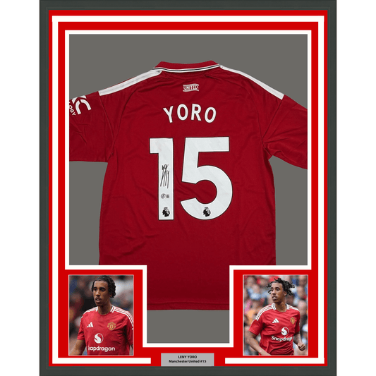 Framed Autographed/Signed Leny Yoro 35x39 Manchester United Red Soccer Futbol Jersey Beckett BAS COA