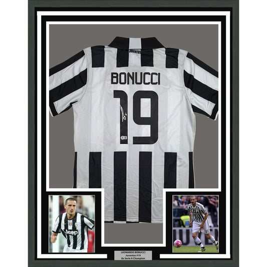Framed Autographed/Signed Leonardo Bonucci 35x39 Juventus White Soccer Futbol Jersey Beckett BAS COA