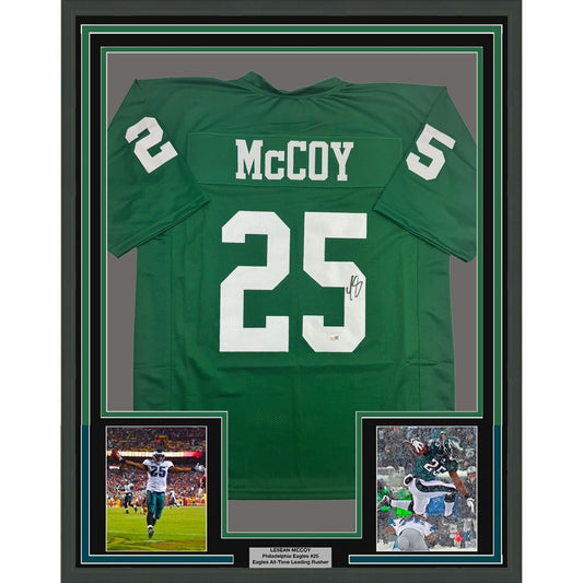 Framed Autographed/Signed LeSean McCoy 35x39 Philadelphia Kelly Green Football Jersey JSA COA