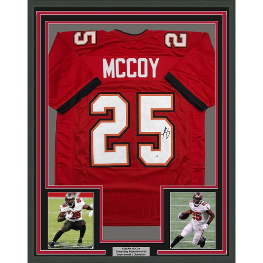 Framed Autographed/Signed LeSean McCoy 35x39 Tampa Bay Red Football Jersey JSA COA