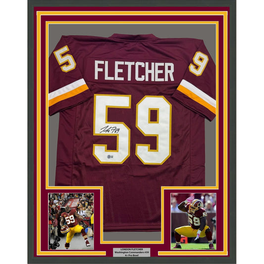 Framed Autographed/Signed London Fletcher 35x39 Washington Maroon Football Jersey Beckett BAS COA