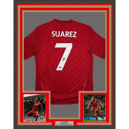 Framed Autographed/Signed Luis Suarez 35x39 Liverpool Red Soccer Futbol Jersey Beckett BAS COA