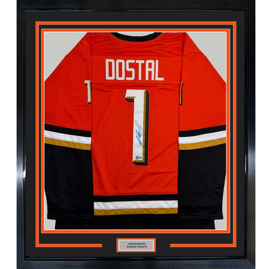Framed Autographed/Signed Lukas Dostal 35x39 Anaheim Orange Hockey Jersey Beckett BAS COA