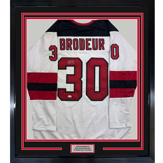 Framed Autographed/Signed Martin Brodeur 35x39 New Jersey NJ White Hockey Jersey Beckett BAS COA