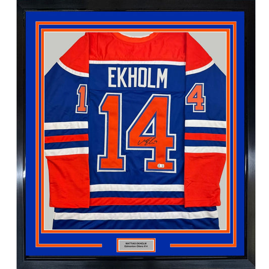 Framed Autographed/Signed Mattias Ekholm 35x39 Edmonton Blue Hockey Jersey Beckett BAS COA