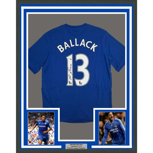 Framed Autographed/Signed Michael Ballack 35x39 Chelsea FC Blue Soccer Futbol Jersey Beckett BAS COA