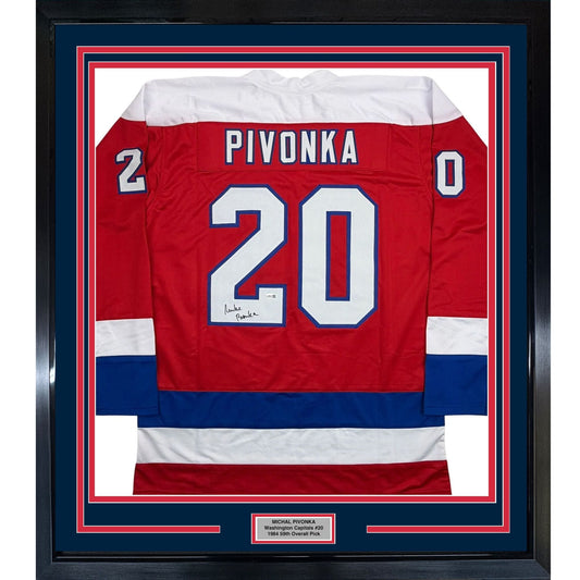 Framed Autographed/Signed Michal Pivonka 35x39 Washington Red Hockey Jersey JSA COA