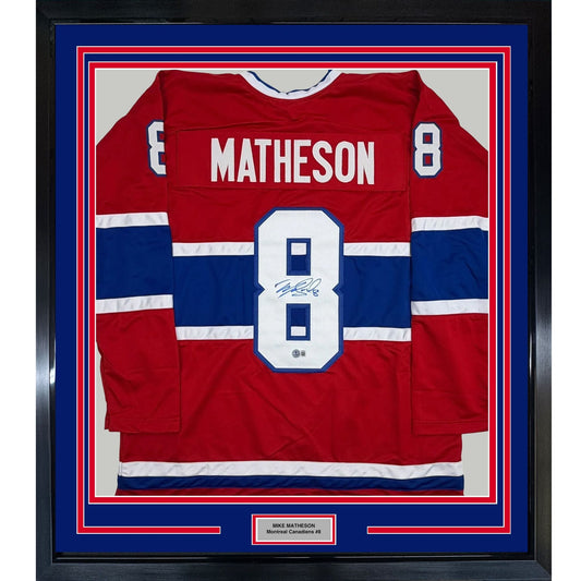 Framed Autographed/Signed Mike Matheson 35x39 Montreal Red Hockey Jersey Beckett BAS COA