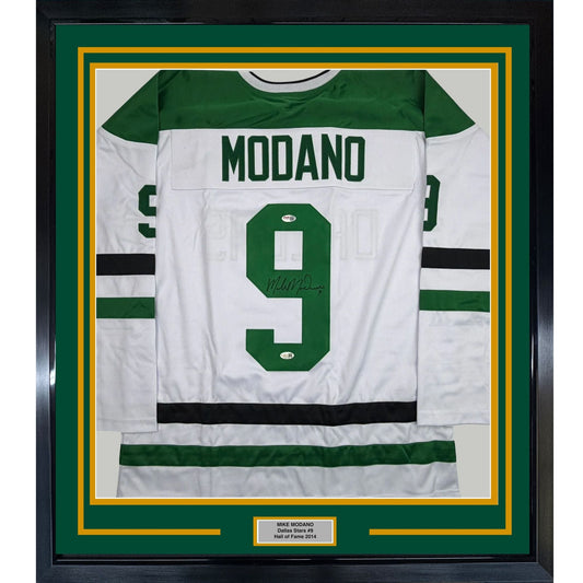 Framed Autographed/Signed Mike Modano 35x39 Dallas Modern White Hockey Jersey JSA COA