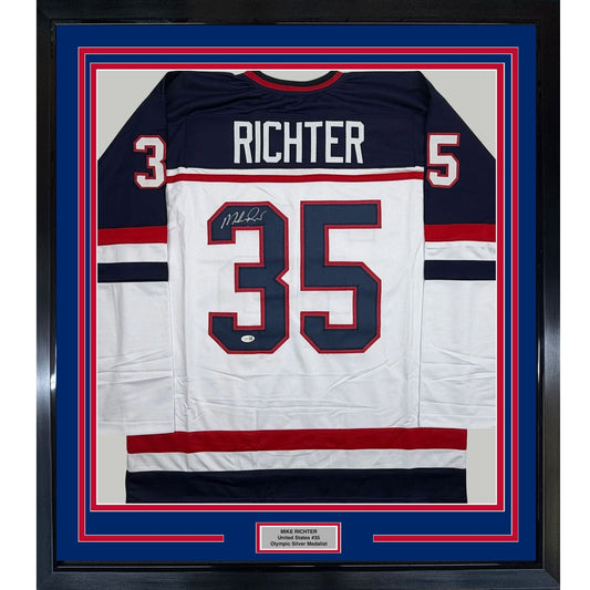 Framed Autographed/Signed Mike Richter 35x39 USA United States White Hockey Jersey JSA COA