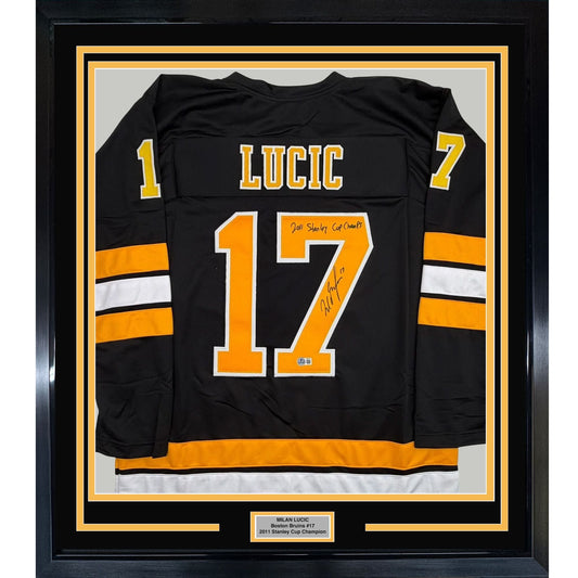 Framed Autographed/Signed Milan Lucic 35x39 Boston Black Hockey Jersey Beckett BAS COA