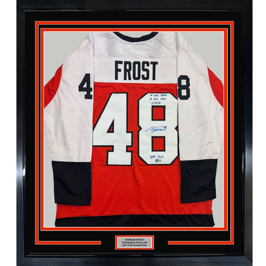 Framed Autographed/Signed Morgan Frost 35x39 Philadelphia Orange Hockey Jersey Beckett BAS COA