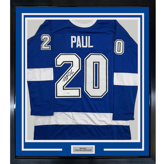 Framed Autographed/Signed Nick Paul 35x39 Tampa Bay Blue Hockey Jersey JSA COA