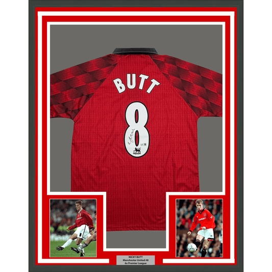 Framed Autographed/Signed Nicky Butt 35x39 Manchester United Red Soccer Futbol Jersey Beckett BAS COA
