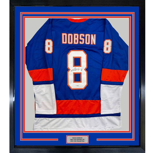 Framed Autographed/Signed Noah Dobson 35x39 New York Blue Hockey Jersey JSA COA