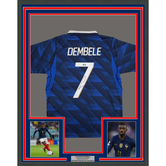 Framed Autographed/Signed Ousmane Dembele 35x39 France Blue Soccer Futbol Jersey Beckett BAS COA