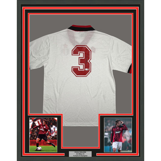 Framed Autographed/Signed Paolo Maldini 35x3o AC Milan White Soccer Futbol Jersey Beckett BAS COA