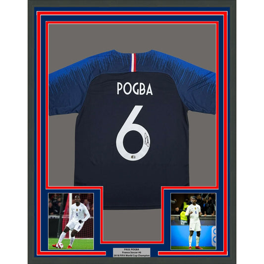 Framed Autographed/Signed Paul Pogba 35x39 France Blue Soccer Futbol Jersey Beckett BAS COA