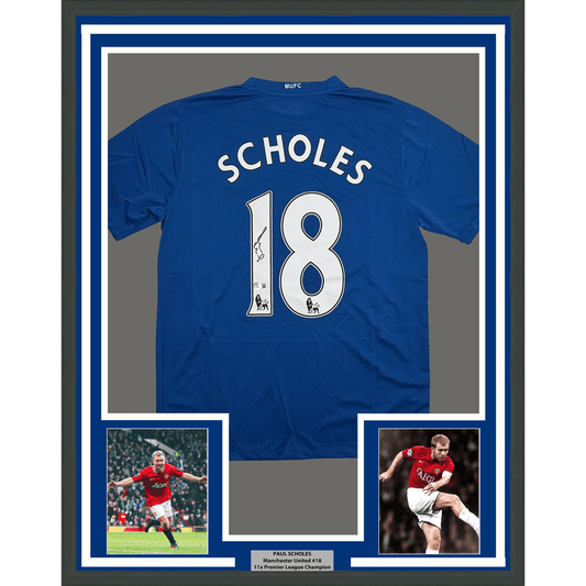 Framed Autographed/Signed Paul Scholes 35x39 Manchester United Blue Soccer Futbol Jersey Beckett BAS COA