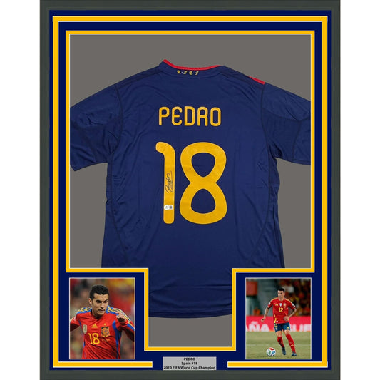 Framed Autographed/Signed Pedro 35x39 Spain Blue Soccer Futbol Jersey Beckett BAS COA