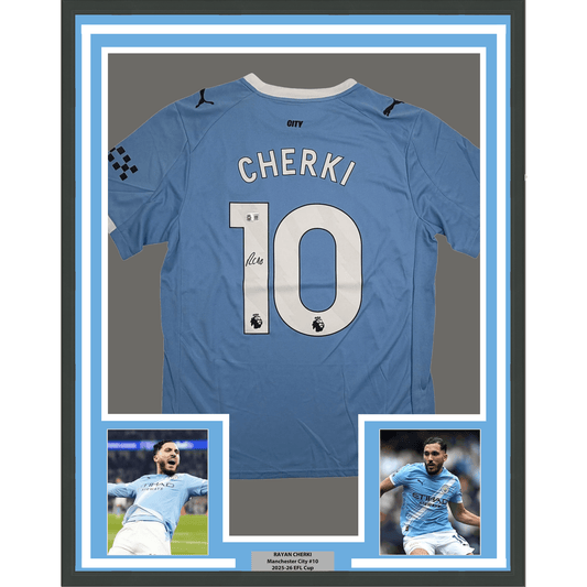 Framed Autographed/Signed Rayan Cherki 35x39 Manchester City Blue Soccer Futbol Jersey Beckett BAS COA