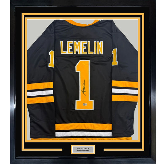 Framed Autographed/Signed Rejean Lemelin 35x39 Boston Black Hockey Jersey Beckett BAS COA