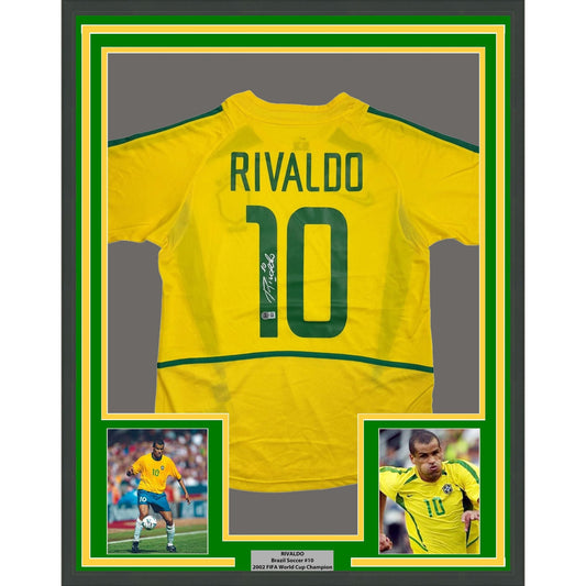 Framed Autographed/Signed Rivaldo 35x39 Brazil Yellow Soccer Futbol Jersey Beckett BAS COA #2