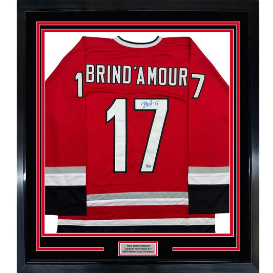 Framed Autographed/Signed Rod Brind'Amour 35x39 Carolina Red Hockey Jersey Beckett BAS COA