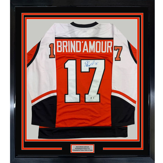 Framed Autographed/Signed Rod Brind'Amour 35x39 Philadelphia Orange Hockey Jersey Beckett BAS COA