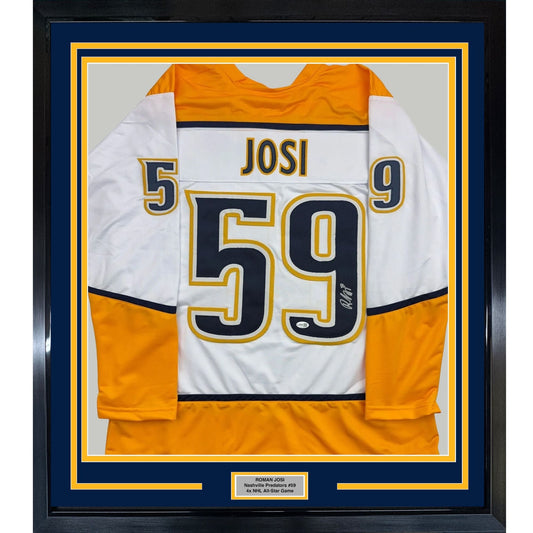 Framed Autographed/Signed Roman Josi 35x39 Nashville White Hockey Jersey JSA COA
