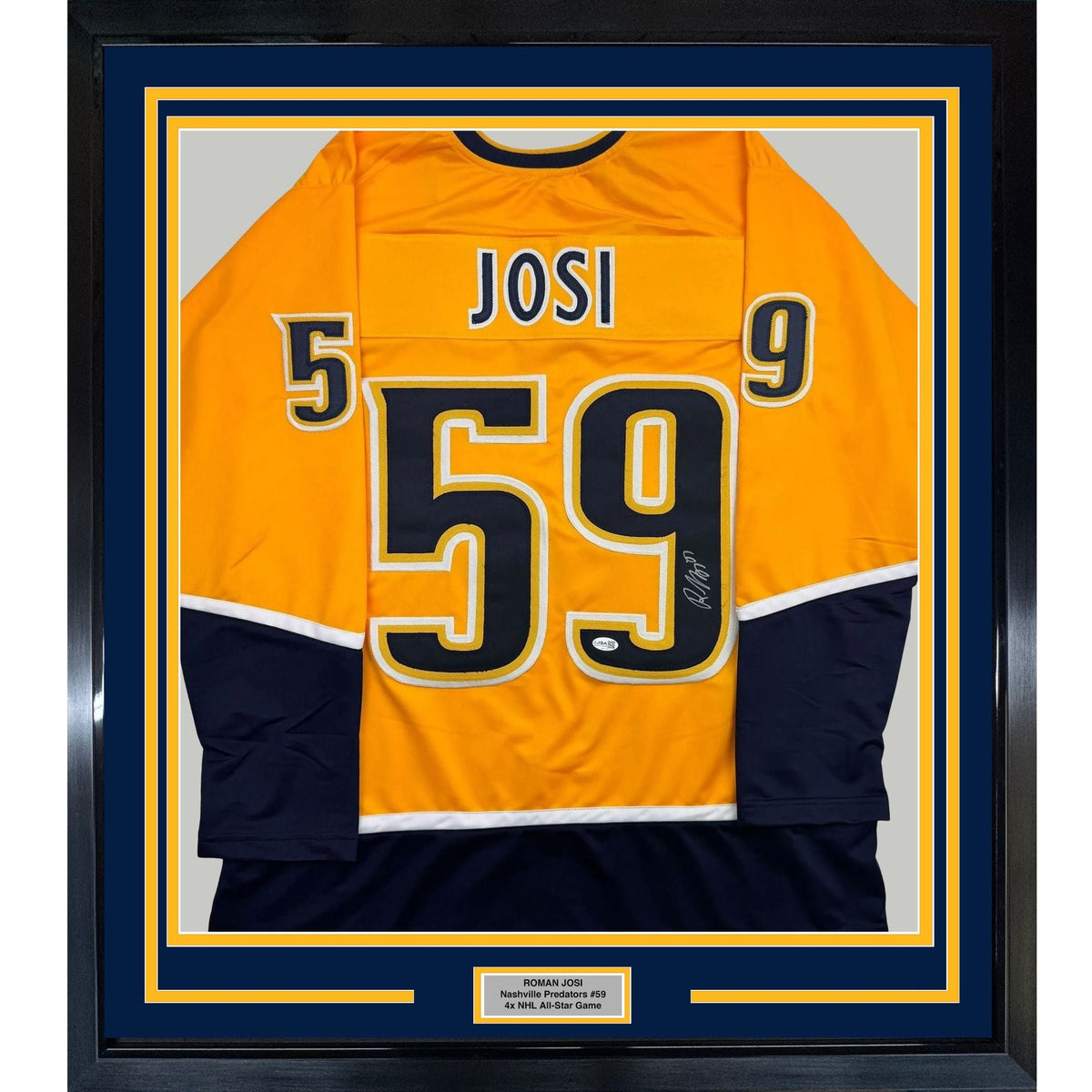 Framed Autographed/Signed Roman Josi 35x39 Nashville Yellow Hockey Jersey JSA COA
