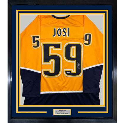 Framed Autographed/Signed Roman Josi 35x39 Nashville Yellow Hockey Jersey JSA COA