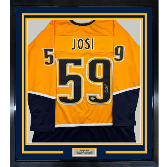 Framed Autographed/Signed Roman Josi 35x39 Nashville Yellow Hockey Jersey JSA COA