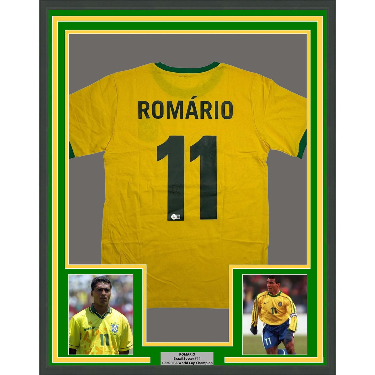Framed Autographed/Signed Romario 35x39 Brazil Yellow Soccer Futbol Jersey Beckett BAS COA