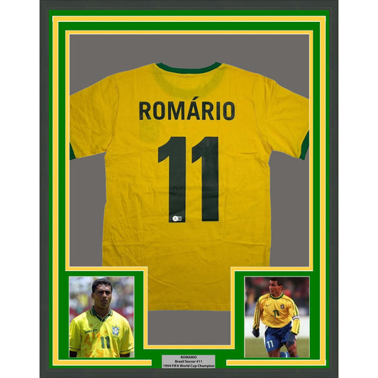 Framed Autographed/Signed Romario 35x39 Brazil Yellow Soccer Futbol Jersey Beckett BAS COA