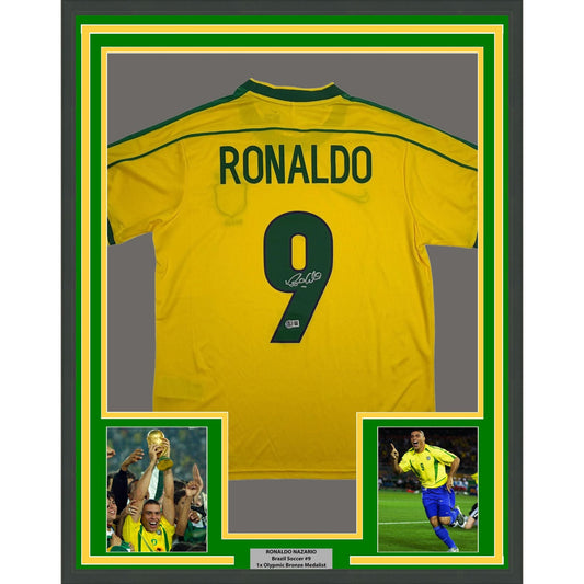 Framed Autographed/Signed Ronaldo Nazario 35x39 Brazil Yellow Soccer Jersey Beckett BAS COA #2