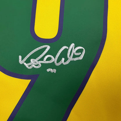 Framed Autographed/Signed Ronaldo Nazario 35x39 Brazil Yellow Soccer Jersey Beckett BAS COA #2