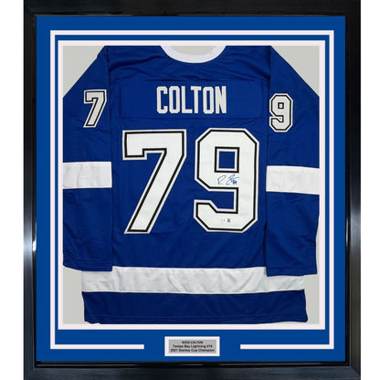 Framed Autographed/Signed Ross Colton 35x39 Tampa Bay Blue Hockey Jersey Beckett BAS COA