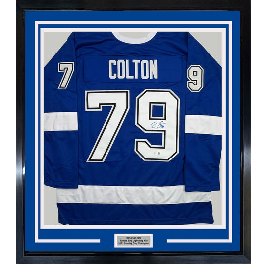 Framed Autographed/Signed Ross Colton 35x39 Tampa Bay Blue Hockey Jersey Beckett BAS COA