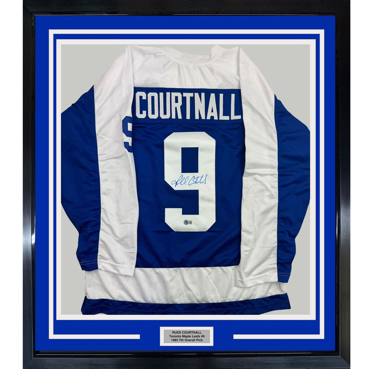 Framed Autographed/Signed Russ Courtnall 35x39 Toronto Blue Hockey Jersey Beckett BAS COA