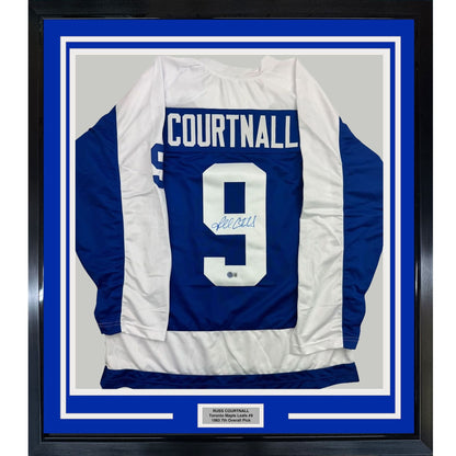 Framed Autographed/Signed Russ Courtnall 35x39 Toronto Blue Hockey Jersey Beckett BAS COA