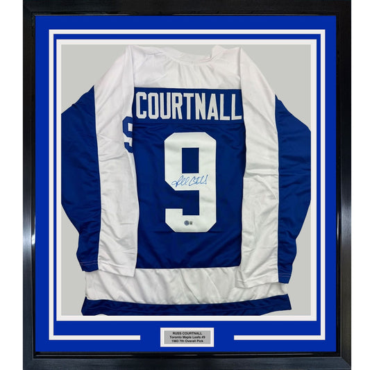 Framed Autographed/Signed Russ Courtnall 35x39 Toronto Blue Hockey Jersey Beckett BAS COA