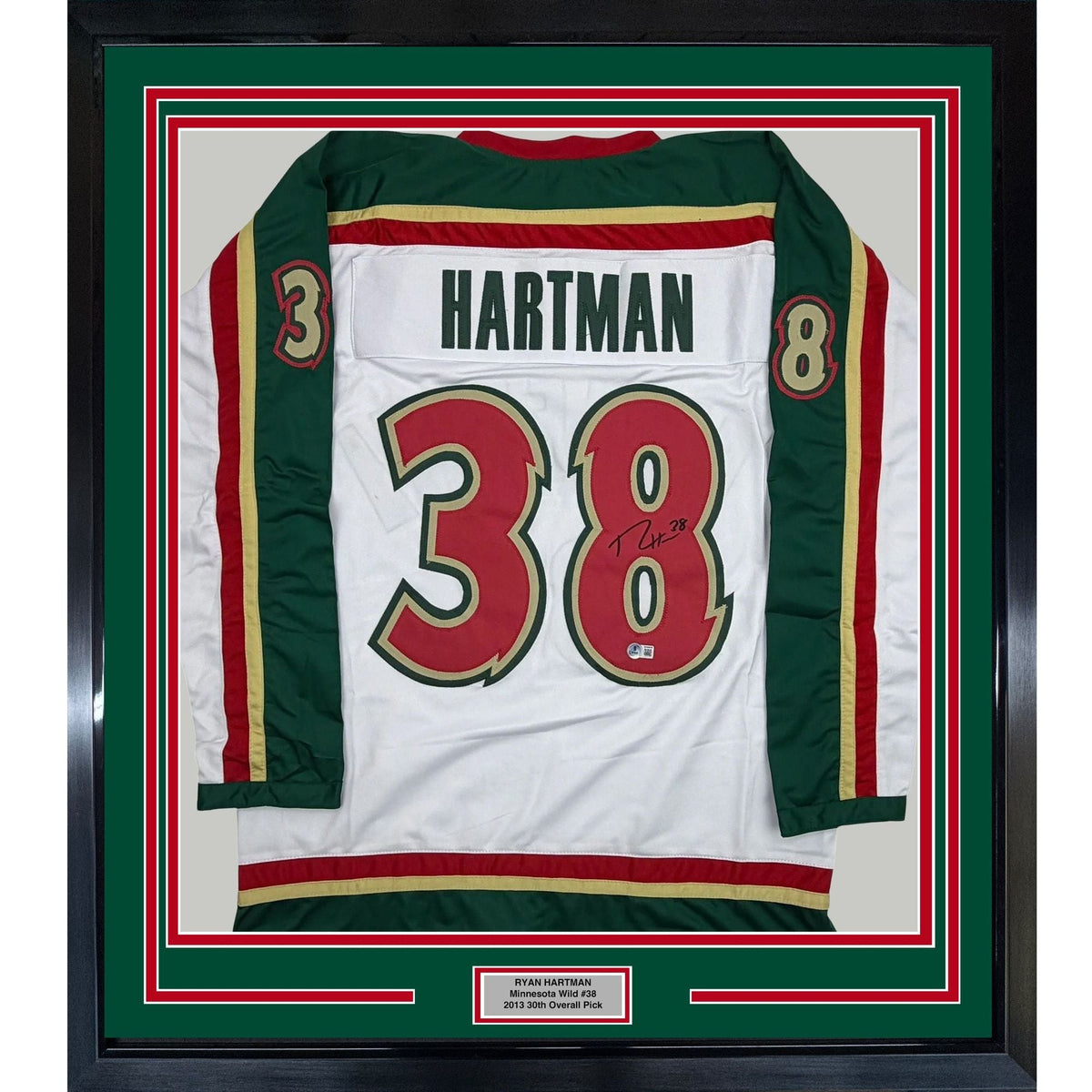 Framed Autographed/Signed Ryan Hartman 35x39 Minnesota White 25th Anniversary Hockey Jersey Beckett BAS COA