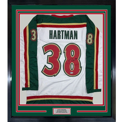 Framed Autographed/Signed Ryan Hartman 35x39 Minnesota White 25th Anniversary Hockey Jersey Beckett BAS COA