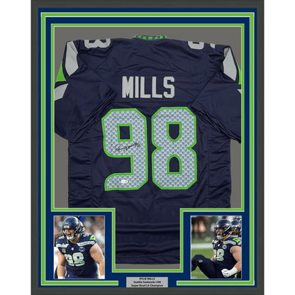 Framed Autographed/Signed Rylie Mills 35x39 Seattle Navy Blue Football Jersey JSA COA