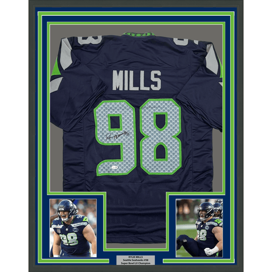 Framed Autographed/Signed Rylie Mills 35x39 Seattle Navy Blue Football Jersey JSA COA